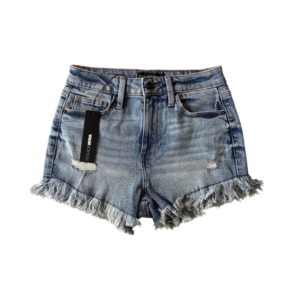 Fashion Nova High Waisted Distressed Denim Shorts Light Wash Frayed Size 3